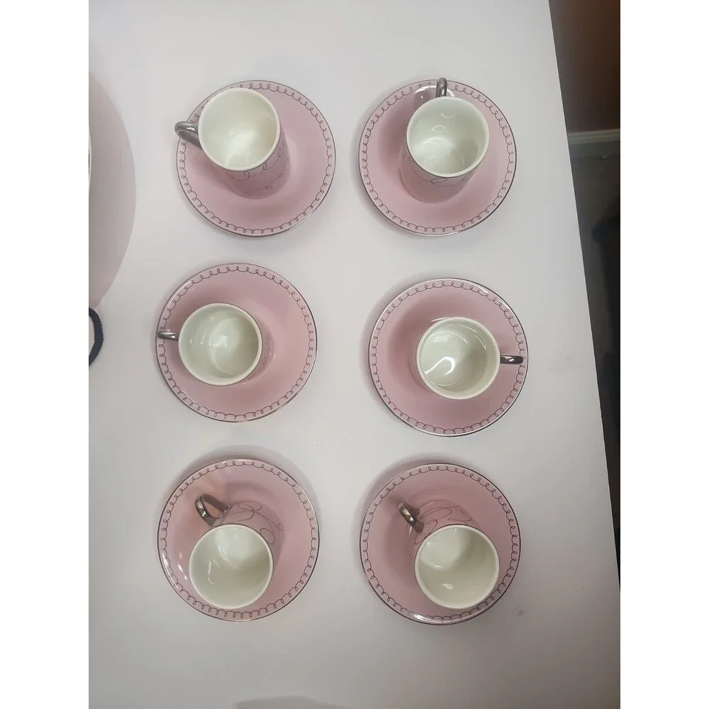 Classic Coffee & Tea Brand Set of 6 Small Cups And Saucers Pink With Silver NIB